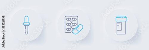 Set line Medicine bottle, Pills blister pack and Pipette icon. Vector