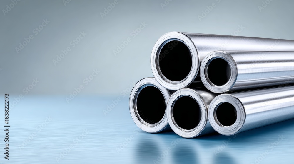 Fototapeta premium Metallic cylindrical tubes arranged in a stack on a smooth blue surface, showcasing their shiny texture and reflecting light, ideal for industrial and design applications