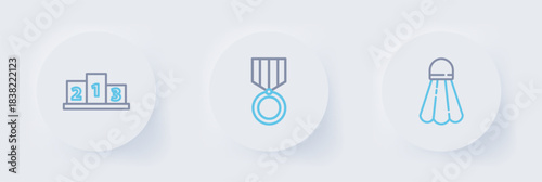 Set line Badminton shuttlecock, Medal and Award over sports winner podium icon. Vector