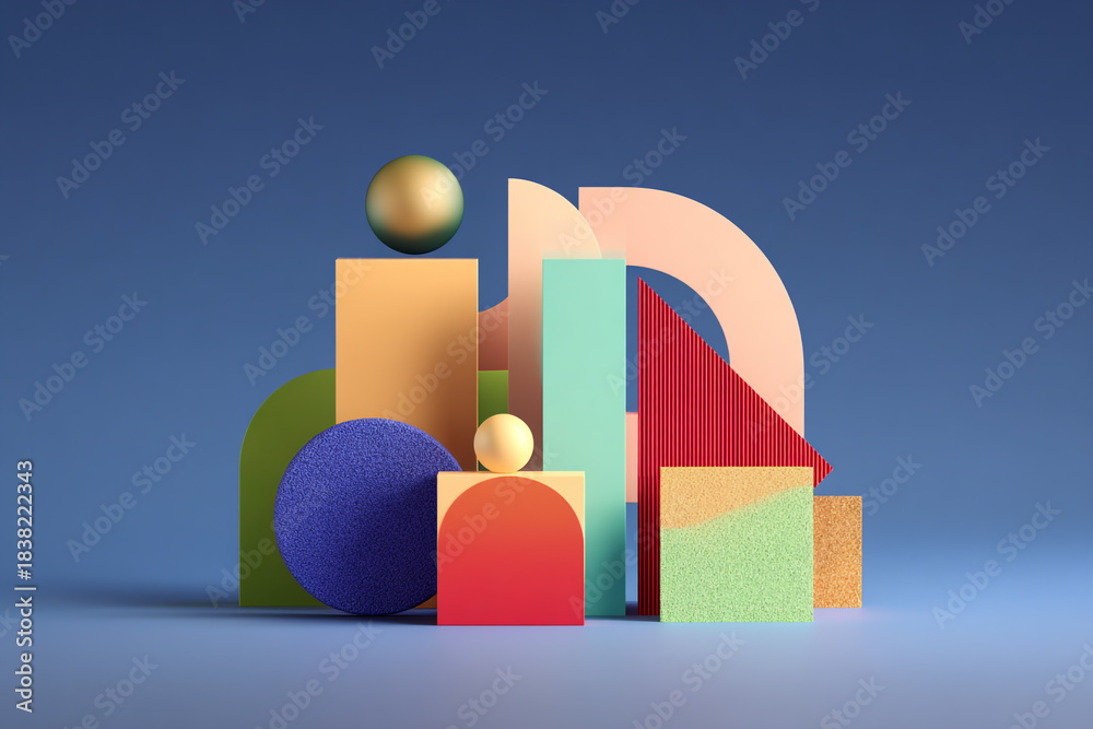Obraz premium a composition of abstract geometric shapes and spheres with varying textures and colors against a solid blue background