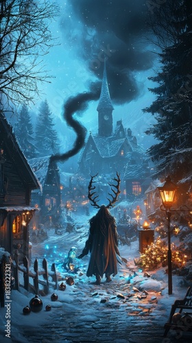 Mysterious Antlered Figure in an Enchanted Winter Village at Night