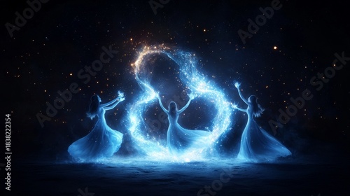 Three Ethereal Women Weaving Cosmic Light and Stars
