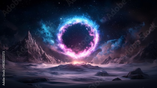 Ethereal Cosmic Ring Over Snowy Alien Landscape at Night