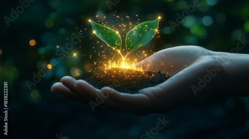 Hand Nurturing Luminous Green Sprout in Soil, Symbolizing Growth, Hope, and Environmental Care
