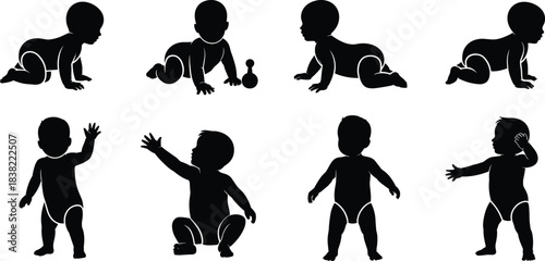 Baby silhouette vector collection, crawling and standing infant poses, toddler activities illustration, black baby graphic design, newborn child outline, childhood growth elements