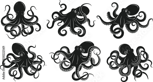 “Collection of detailed octopus illustrations with swirling tentacles, marine sea creature artwork for ocean design, underwater animal silhouette and decorative graphic elements”