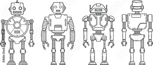 “Set of vintage retro robot line drawings with mechanical details, futuristic humanoid machine illustrations for technology design, sci-fi artwork collection”