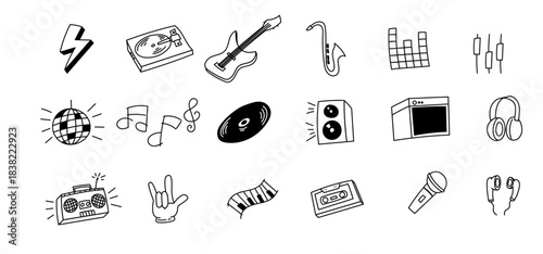 music doodle icon bundle hand drawing instrument disco rock song