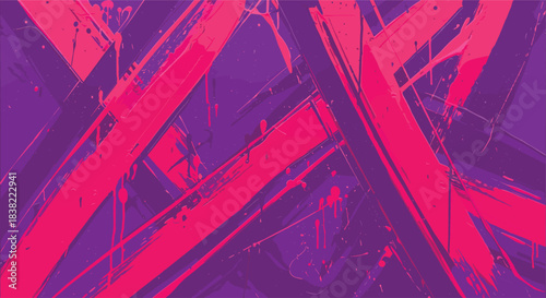 Vibrant abstract painting with dynamic magenta brushstrokes and vivid splashes on a rich purple background, creating a bold, expressive, and textured contemporary art piece.