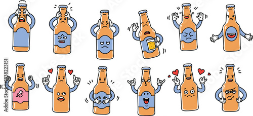 Cartoon beer bottle emotion icons, expressive hops character gestures, love sadness joy anger poses, cad drawing flat vector illustration