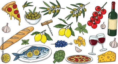 Delicious hand-drawn illustration featuring a vibrant assortment of classic italian and mediterranean culinary elements, showcasing pizza, wine, olives, fresh fish, pasta, lemons, bread, cheese, tomat