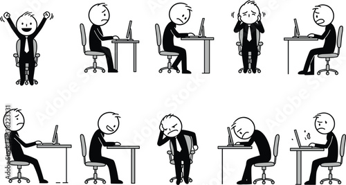 Cartoon character computer work emotions, frustration joy stress reaction icons, office desk pose set, cad drawing flat vector illustration