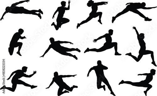 Athlete silhouettes jumping, running, action poses, workout, sports training, male and female fitness, physical movement, dynamic motion, active lifestyle illustrations