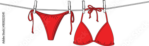 Vibrant red two-piece bikini swimsuit, a summer essential for women, hanging on a laundry clothesline with wooden clothespins against a clean white background, depicting vacation and beachwear.