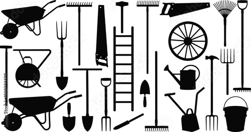 “Silhouette collection of gardening tools and equipment including shovels, rakes, wheelbarrows, watering cans, and hand tools for farm, garden, and landscaping design”