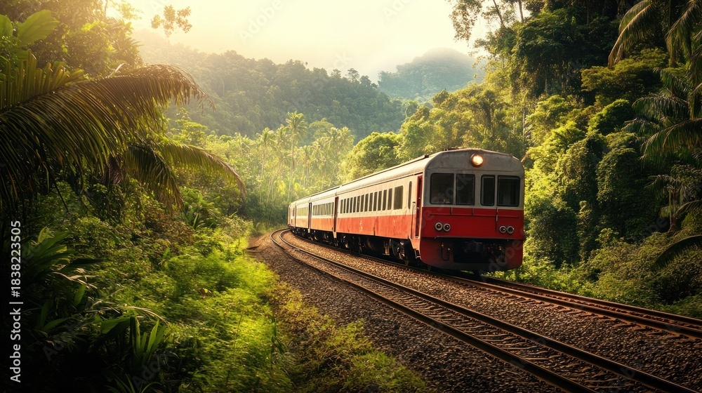 Fototapeta premium A red train travels along a railway surrounded by lush green vegetation and mountains. The scene captures a serene and natural landscape.