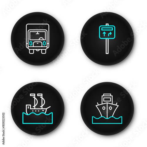 Set line Cargo ship, Sailboat, Road traffic signpost and Delivery cargo truck icon. Vector