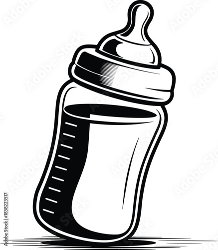 Baby feeding bottle illustration, black and white style, infant milk bottle design, newborn care icon, baby nutrition, minimal vector art