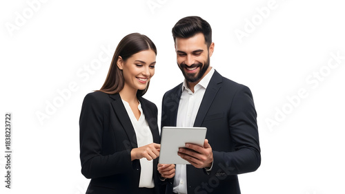 Two professionals collaborating on a digital device, symbolizing teamwork, technology, and success, isolated on transparent background.