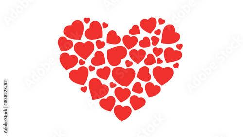 A large heart shape formed by many smaller red hearts on a white background.