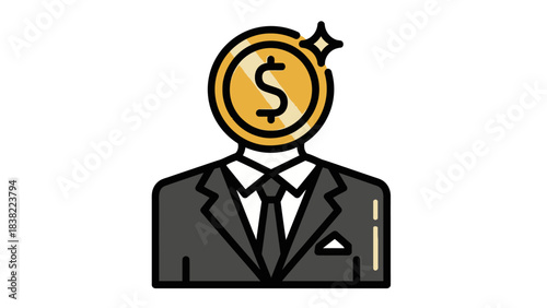 A person in a business suit with a shining golden dollar coin for a head, symbolizing wealth and financial success.