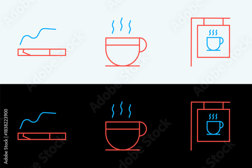Set line Street signboard coffee, Cigarette and Coffee cup icon. Vector