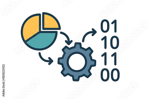 Data analysis flow icon showing processing and transformation into digital output