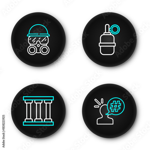 Set line Protest, Prison window, Hand grenade and Gas mask icon. Vector