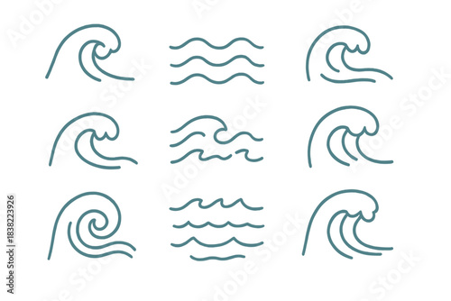 Minimalist ocean wave icons set in line art style for water and sea symbols