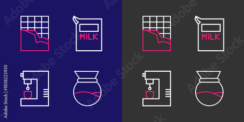 Set line Pour over coffee maker, Coffee machine, Paper package for milk and Chocolate bar icon. Vector