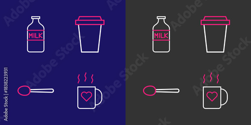 Set line Coffee cup and heart, Spoon, to go and Bottle with milk icon. Vector
