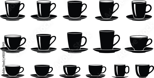 “Black coffee cup silhouette collection with saucers, minimalist cup icons set for café branding, beverage design, restaurant menu graphics”