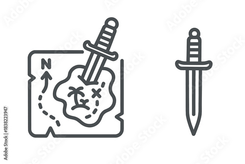 Pirate treasure map with sword and compass icon set