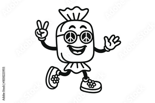 Cheerful candy wrapper mascot making peace sign and dancing happily