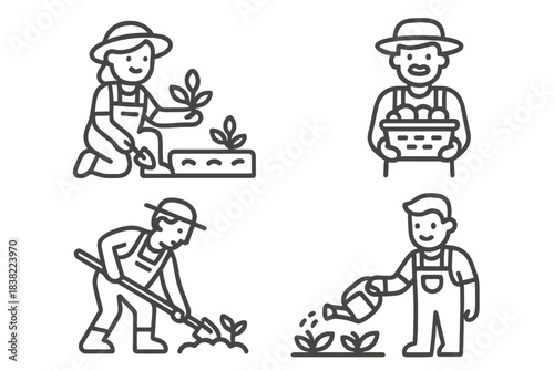 People working in a garden, planting, harvesting, and watering in a sunny outdoor setting during the day