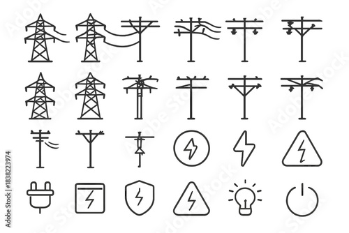 Electric power transmission pylons, utility poles, and energy infrastructure icons
