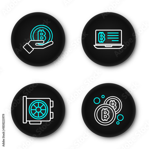 Set line Bitcoin, Video graphic card, Mining bitcoin from laptop and Hand holding icon. Vector
