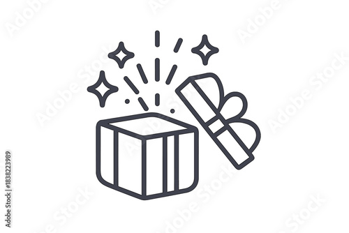 Open gift box with a decorative ribbon bow and magical sparkles emanating from inside