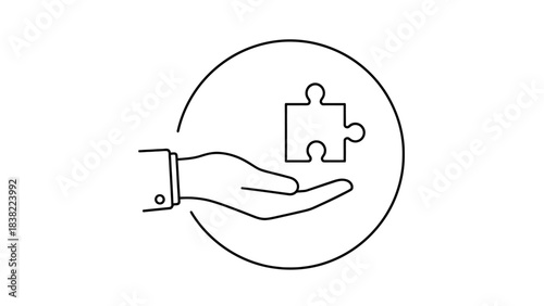 A hand holding a puzzle piece within a circle, symbolizing solution, integration, and problem-solving in a business context.