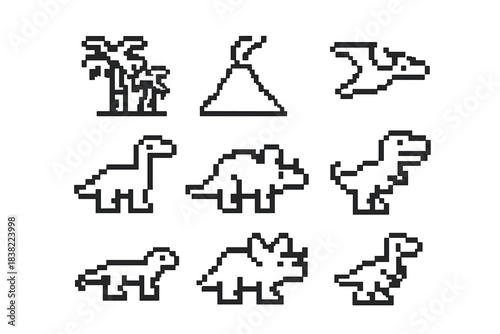 Minimalist black and white pixelated icons of prehistoric dinosaurs and landscape