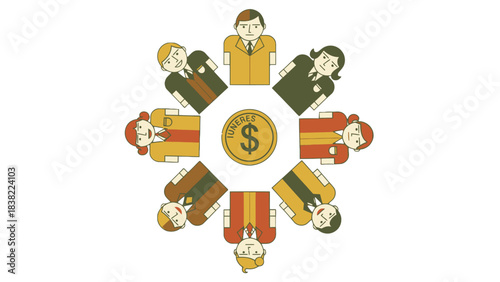 A diverse group of people in business attire are arranged in a circle around a central golden coin with a dollar sign, symbolizing financial collaboration and investment.
