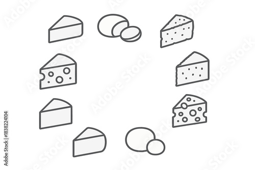Minimalist set of various dairy cheese shapes, including wedges, rounds, and slices