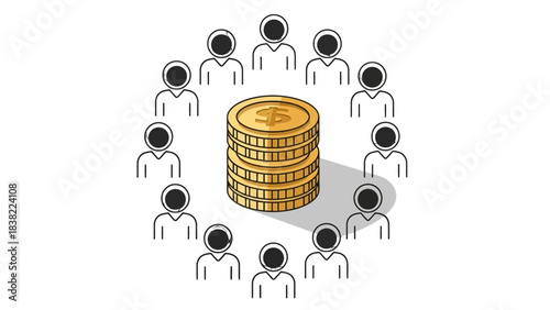 Outline figures of people in a circle around a stack of golden dollar coins, depicting concepts of crowdfunding, shared economy, or financial community.