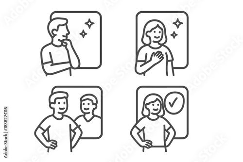 Line icons representing self-confidence, positive thinking, contemplation, and approval concepts