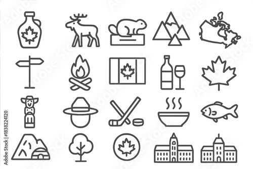 Outline icons depicting Canadian culture and nature symbols