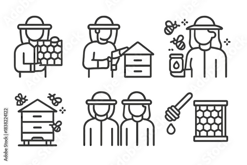 Beekeeping and honey production symbols featuring beekeepers, beehives, honeycombs, and bees