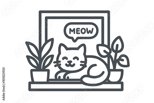 Happy cat resting on windowsill between potted plants with speech bubble