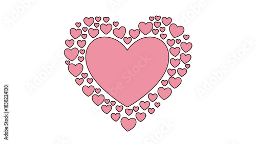 A large pink heart shape is surrounded by many smaller pink heart shapes on a white background.