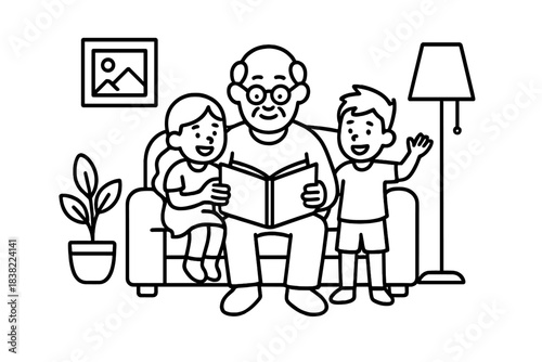 Grandfather reading storybook to happy grandchildren sitting on sofa