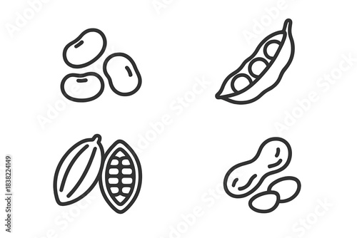 Assortment of legume and seed icons featuring beans, peas, cacao, and peanuts